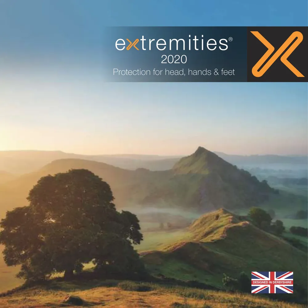 Scenic landscape featuring rolling hills and a lone tree at sunrise, representing the Extremities 2020 collection. The image includes the Extremities logo and a British flag, emphasizing outdoor apparel and gear.