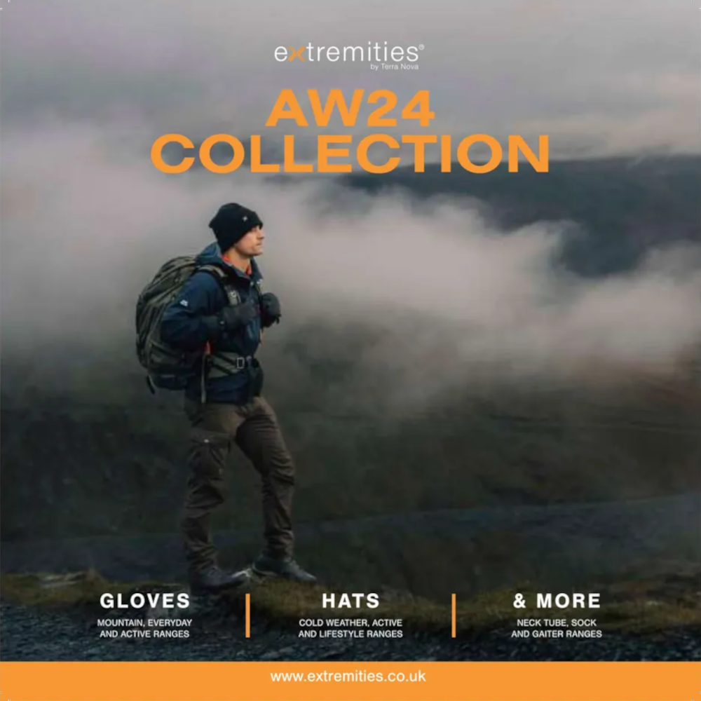Person wearing outdoor gear, showcasing the AW24 collection featuring gloves, hats, and more, set against a misty landscape.