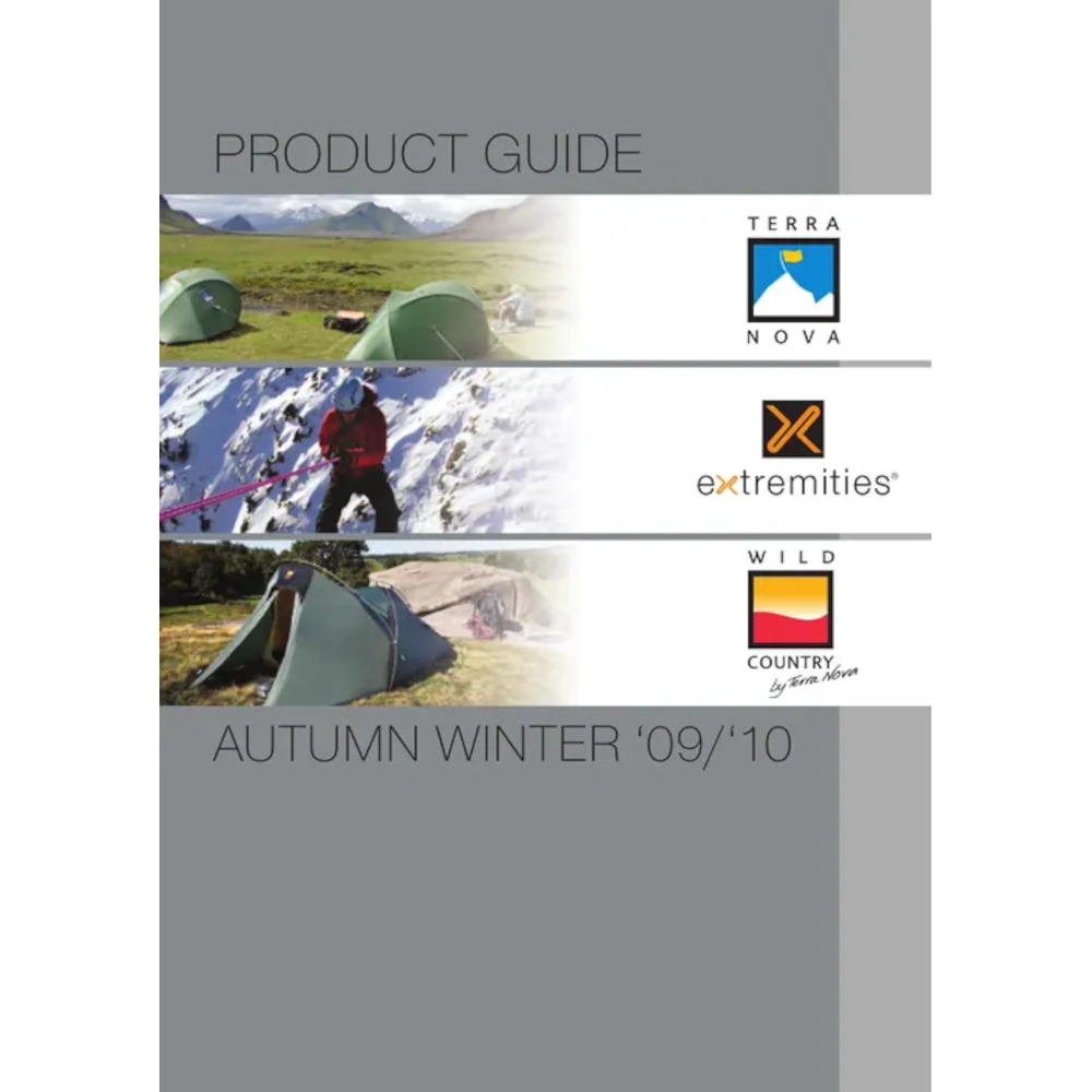 Product guide cover for Autumn Winter 2010 featuring outdoor gear brands, with images of tents and a person hiking in a mountainous landscape.