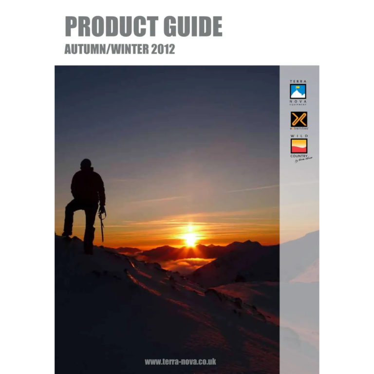 Cover of the Autumn/Winter 2012 Product Guide featuring a silhouette of a person standing on a snowy mountain peak against a sunset backdrop, highlighting outdoor adventure themes.