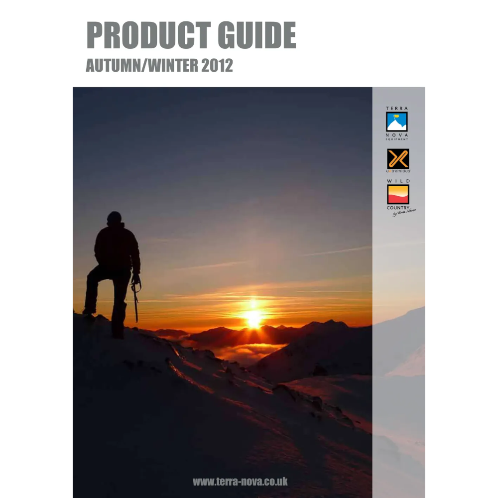Cover of the Autumn/Winter 2012 Product Guide featuring a silhouette of a person standing on a snowy mountain peak against a sunset backdrop, highlighting outdoor adventure themes.
