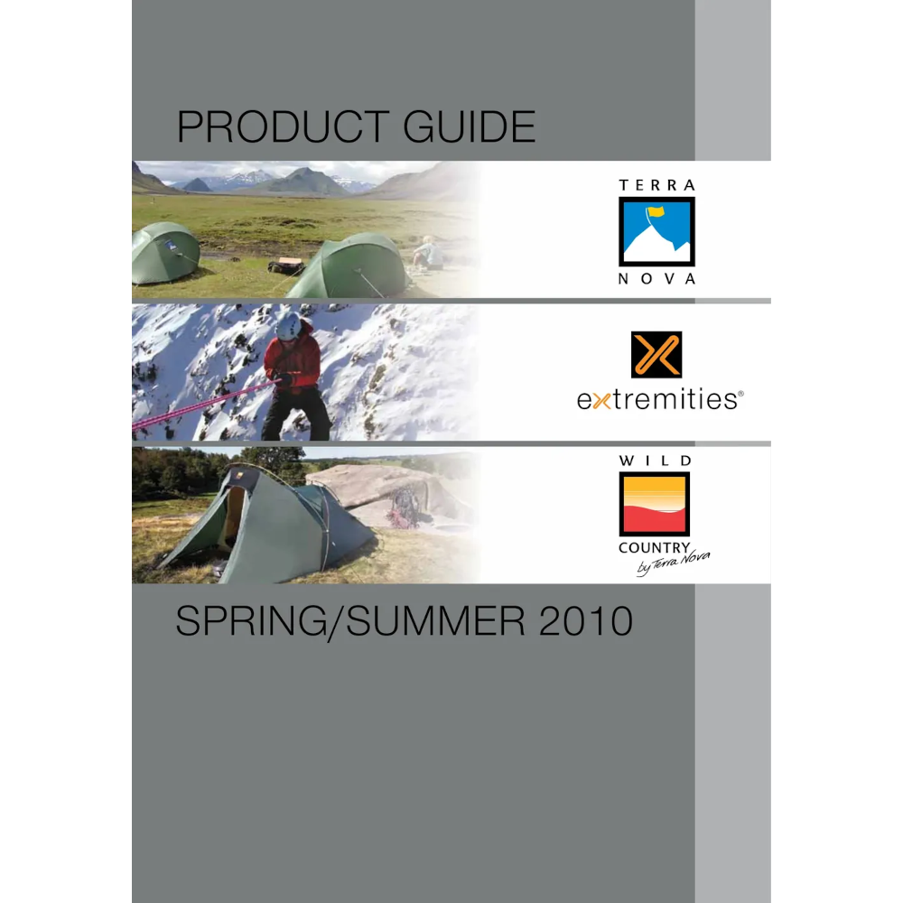 Product guide cover for Spring/Summer 2010 featuring outdoor gear brands. Includes images of tents and outdoor activities in mountainous landscapes.