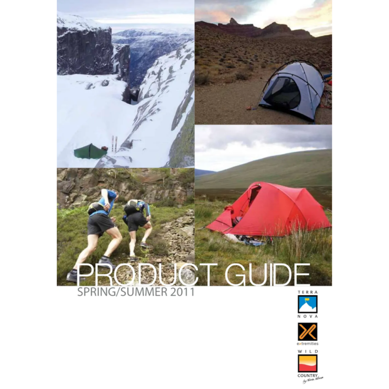 Product guide cover for Spring/Summer 2017 featuring outdoor activities, including hiking and camping, with images of a snowy landscape, a mountain scene, and various tents.