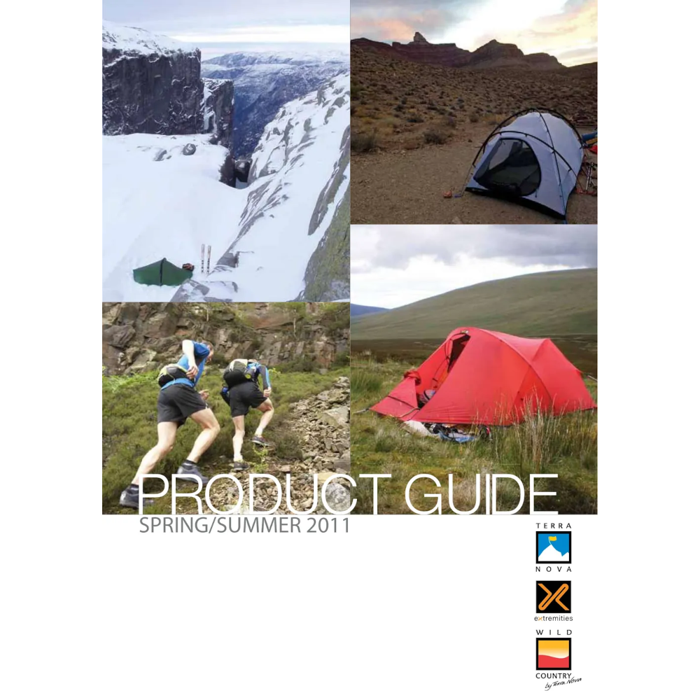 Product guide cover for Spring/Summer 2017 featuring outdoor activities, including hiking and camping, with images of a snowy landscape, a mountain scene, and various tents.