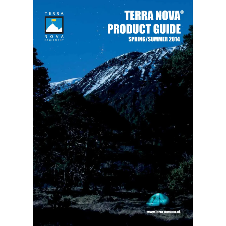 Terra Nova product guide cover featuring a scenic mountain landscape at night with a tent in the foreground, showcasing outdoor gear for summer 2014.