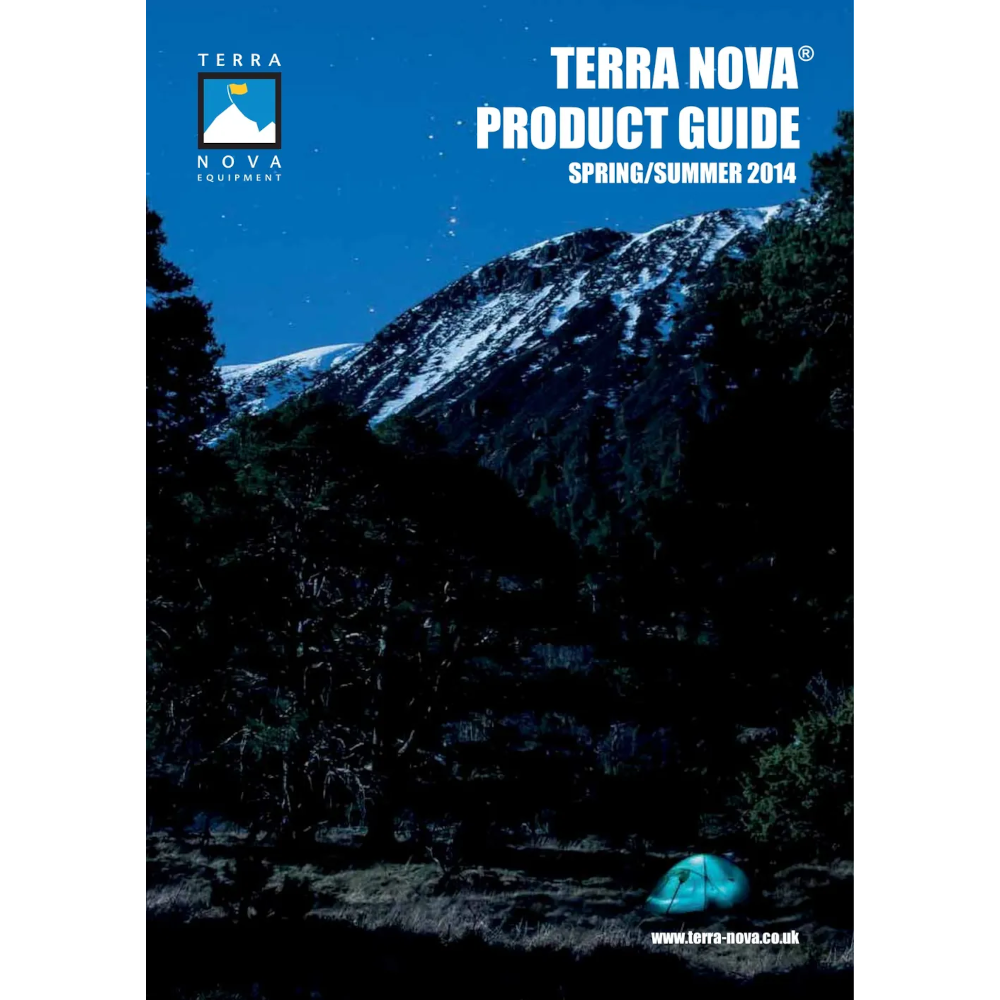Terra Nova product guide cover featuring a scenic mountain landscape at night with a tent in the foreground, showcasing outdoor gear for summer 2014.