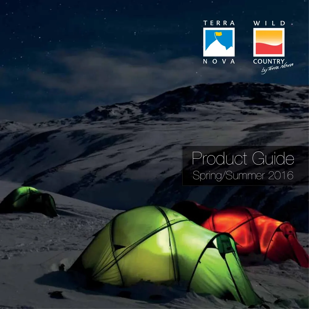 Tents set up in a snowy mountain landscape at night, showcasing outdoor gear for camping and adventure, with a product guide overlay.