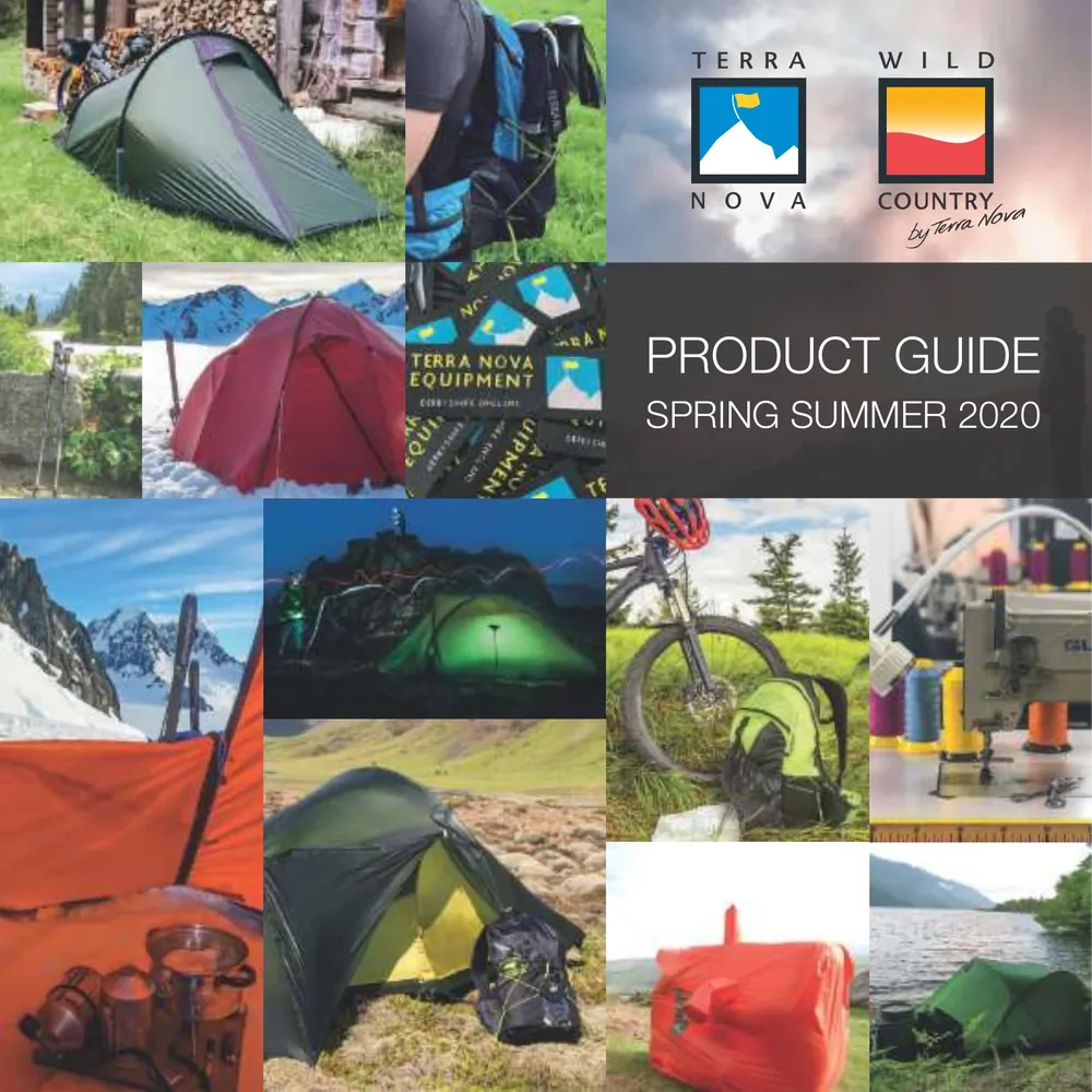 Product guide cover for Spring/Summer 2023 featuring a variety of outdoor gear, including tents in different colors and styles, showcasing camping equipment for adventure enthusiasts.