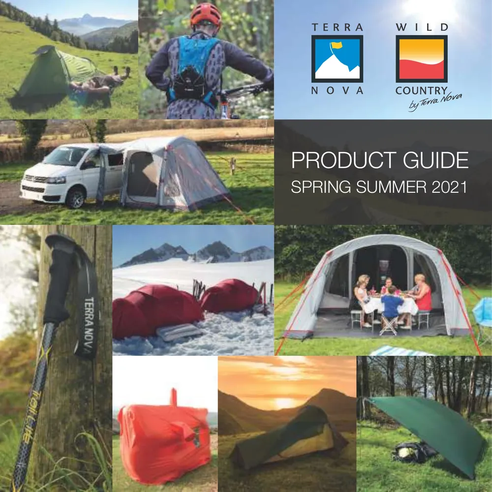 Spring Summer 2021 product guide featuring outdoor gear and camping essentials, including tents, sleeping bags, and a camper van, set against a backdrop of scenic mountains and greenery.
