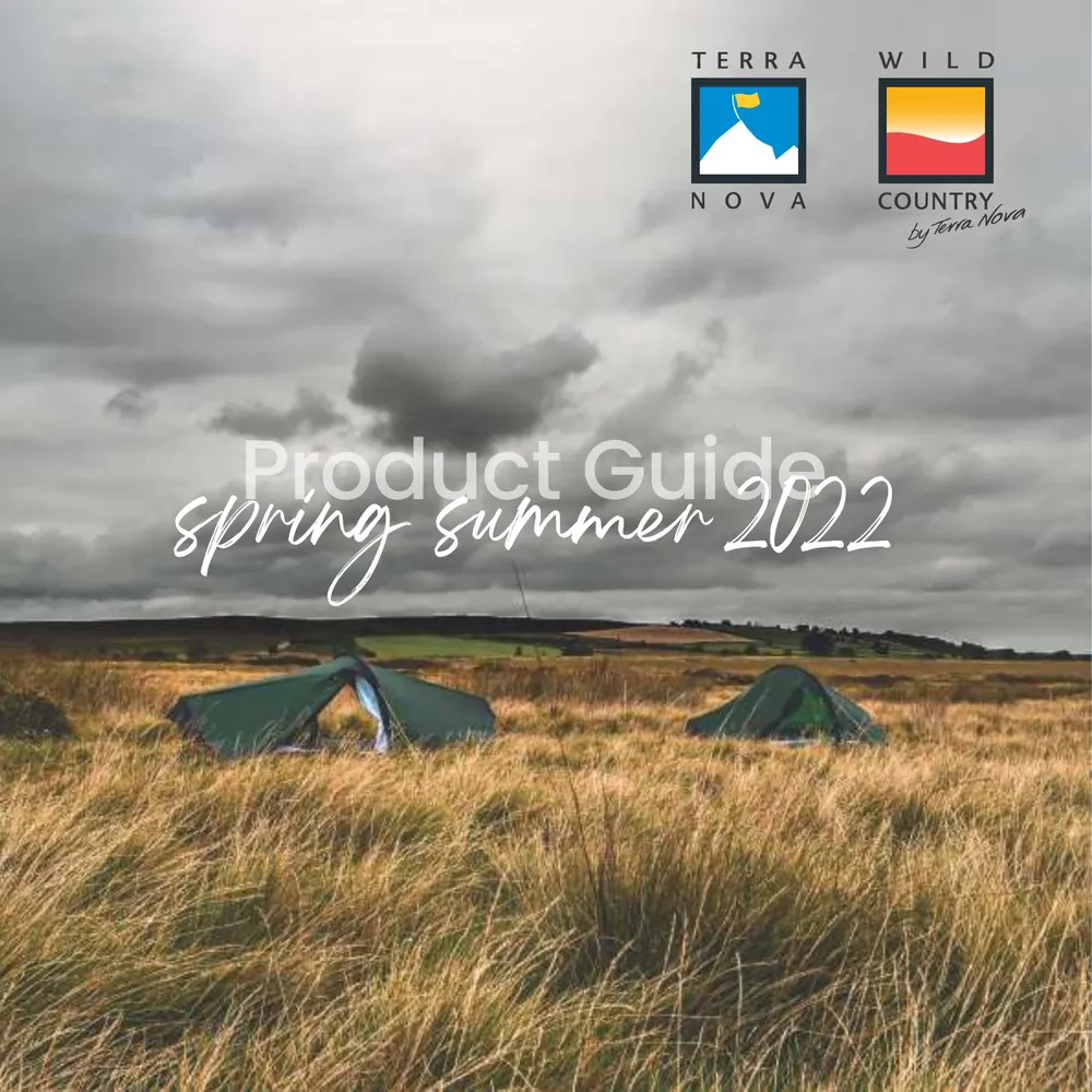 Product guide cover for Spring Summer 2022 featuring two camping tents set in a grassy field under a cloudy sky, showcasing outdoor gear and adventure themes.