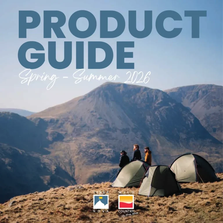 Image of a product guide for spring and summer outdoor gear, featuring tents set up in a mountainous landscape with hikers in the background. The title "PRODUCT GUIDE" is prominently displayed.