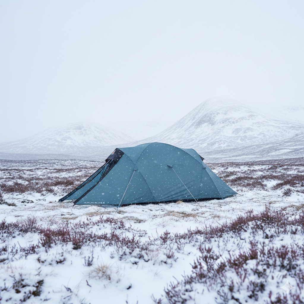Gemini_murlan A blue tent set against a snowy landscape with mountains in the background, showcasing a winter camping scene in a remote area.