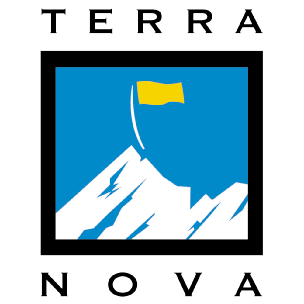 White stylised mountain in a blue square with a yellow flag planted on the summit, accompanied by black text to the right.