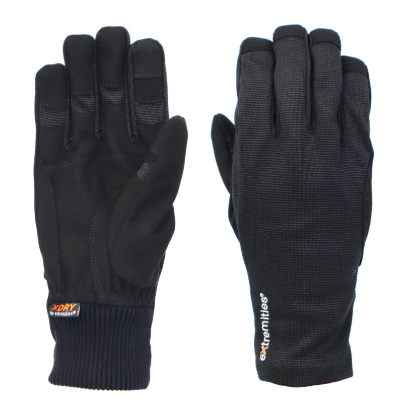 Black thermal gloves designed for warmth and dexterity, featuring a snug fit and textured grip for outdoor activities. Ideal for winter sports and everyday use.