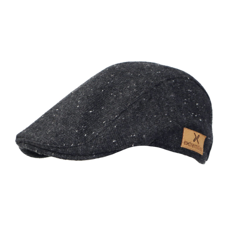Stylish black wool flat cap with a textured finish and a leather logo tag, perfect for outdoor wear and fashion accessories.