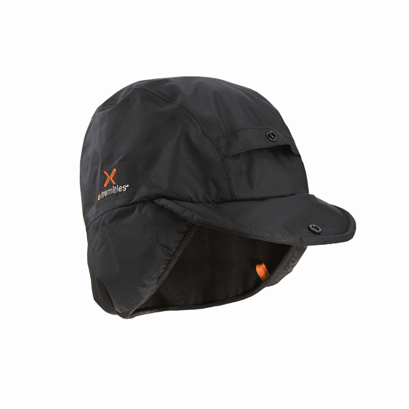 Black outdoor hat with a wide brim and adjustable features, designed for weather protection and comfort during outdoor activities.