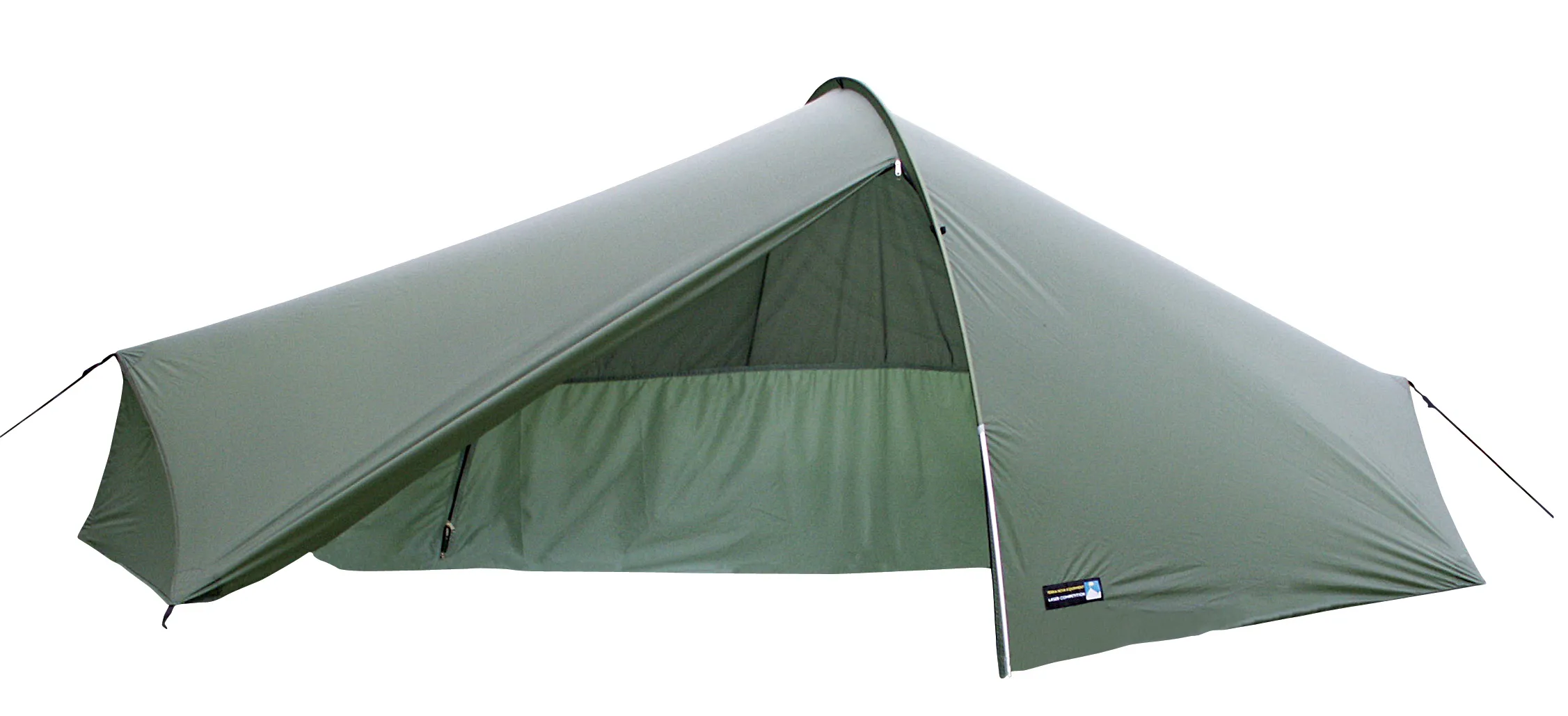 Green camping tent with an open entrance, designed for outdoor activities and shelter. Ideal for hiking and backpacking trips.